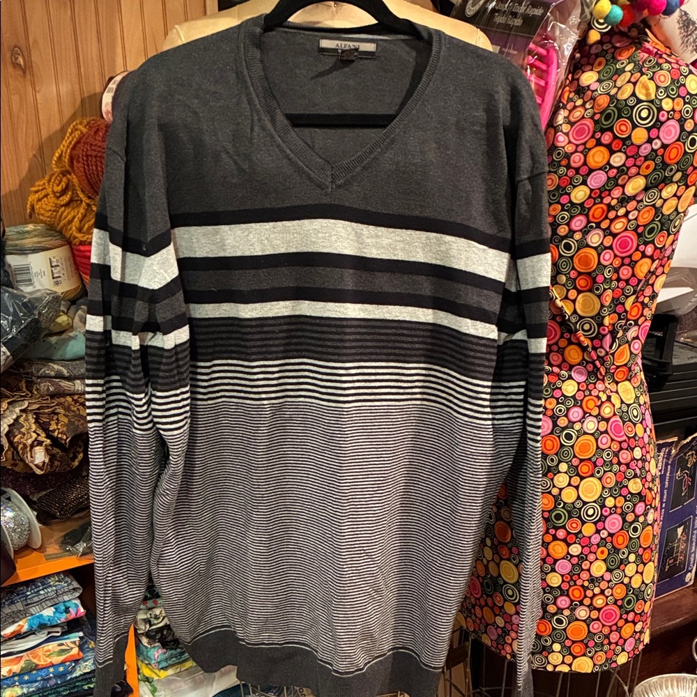 Alfani V-Neck Sweater in Black and Gray Stripes